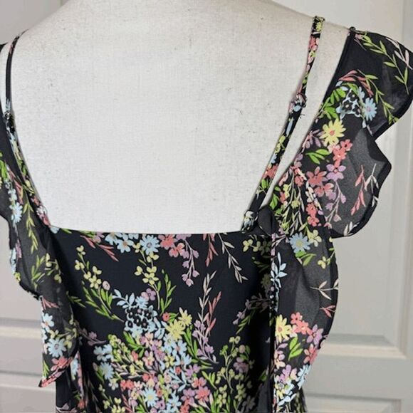 NWT Forever 21 Ruffle Fringe Mini Dress Charcoal Gray Floral Strappy Size Small - Picture 4 of 13